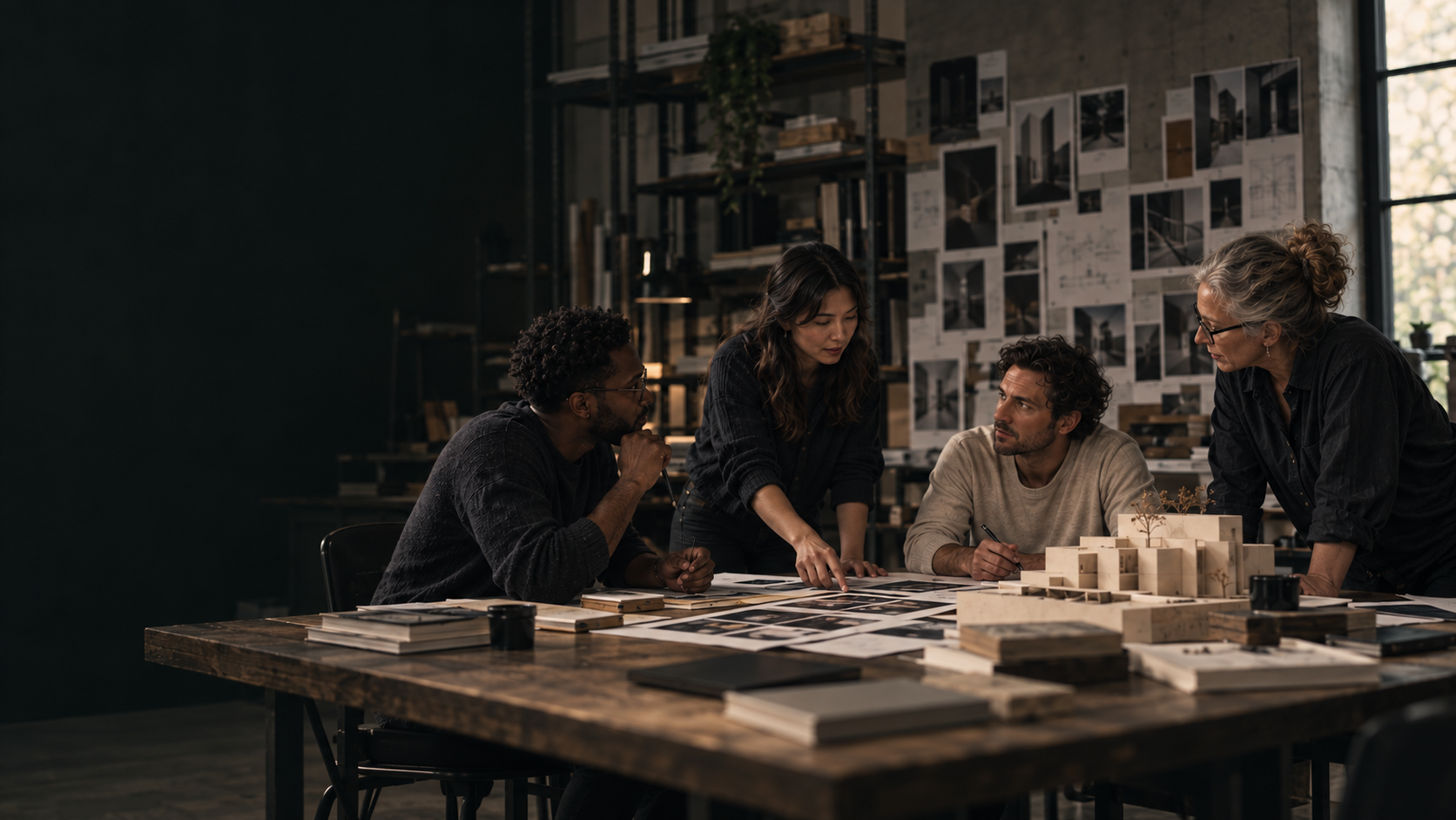 A multidisciplinary creative team around a work table