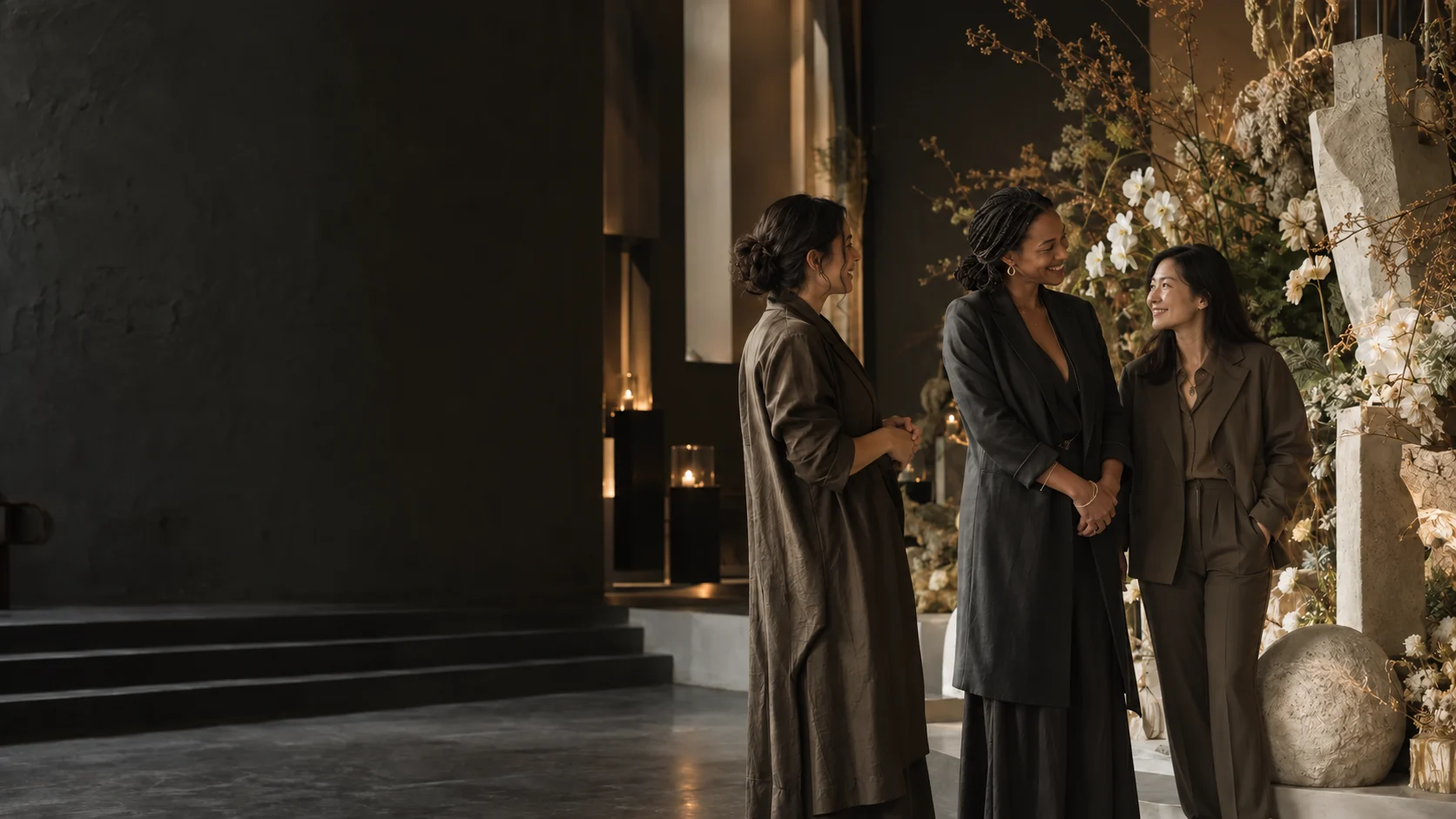 Concept photograph of three women sharing a quiet smile beside a finished creative installation