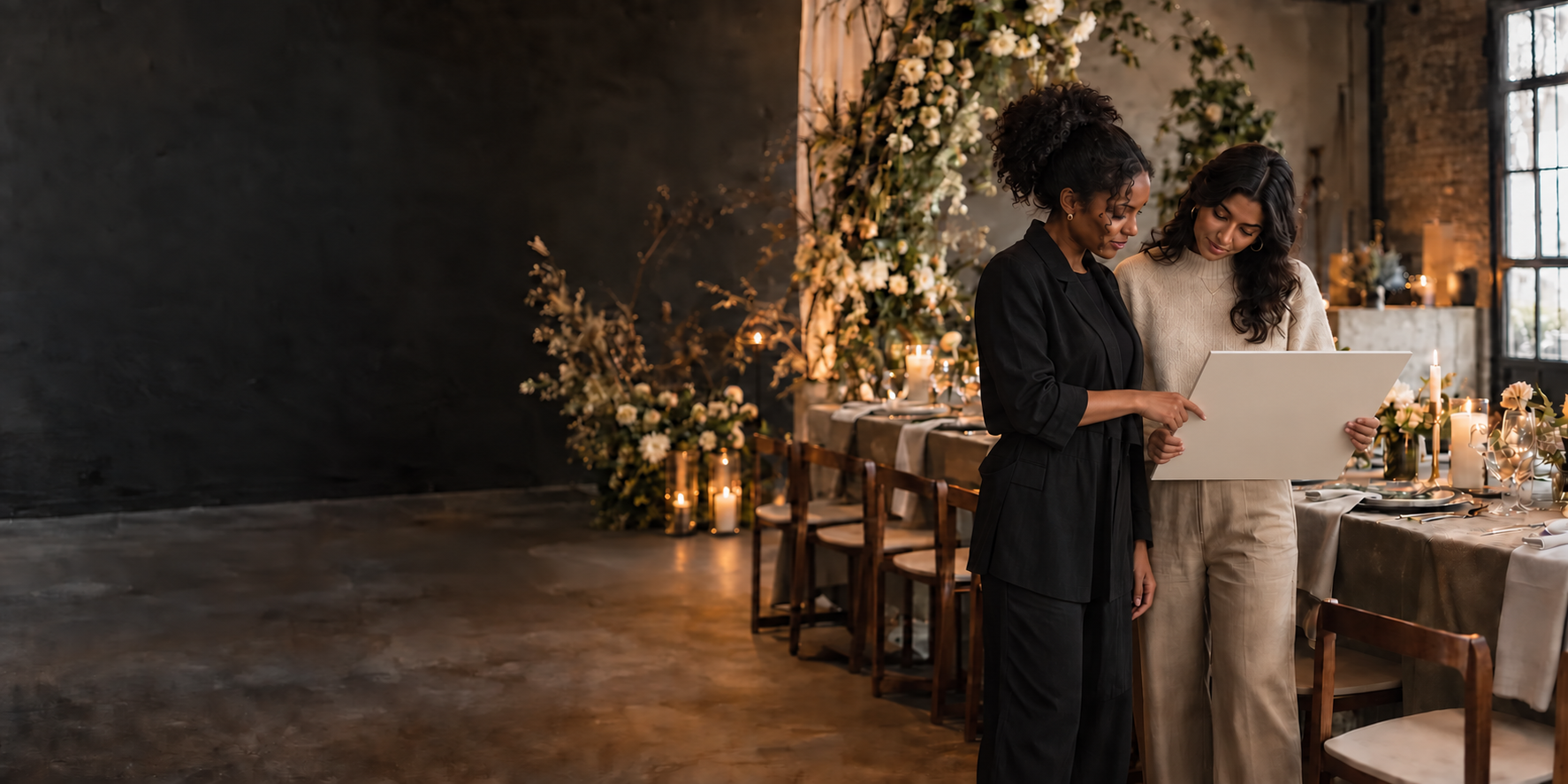 Nadia, the studio designer, discussing Amelia’s reception project with her