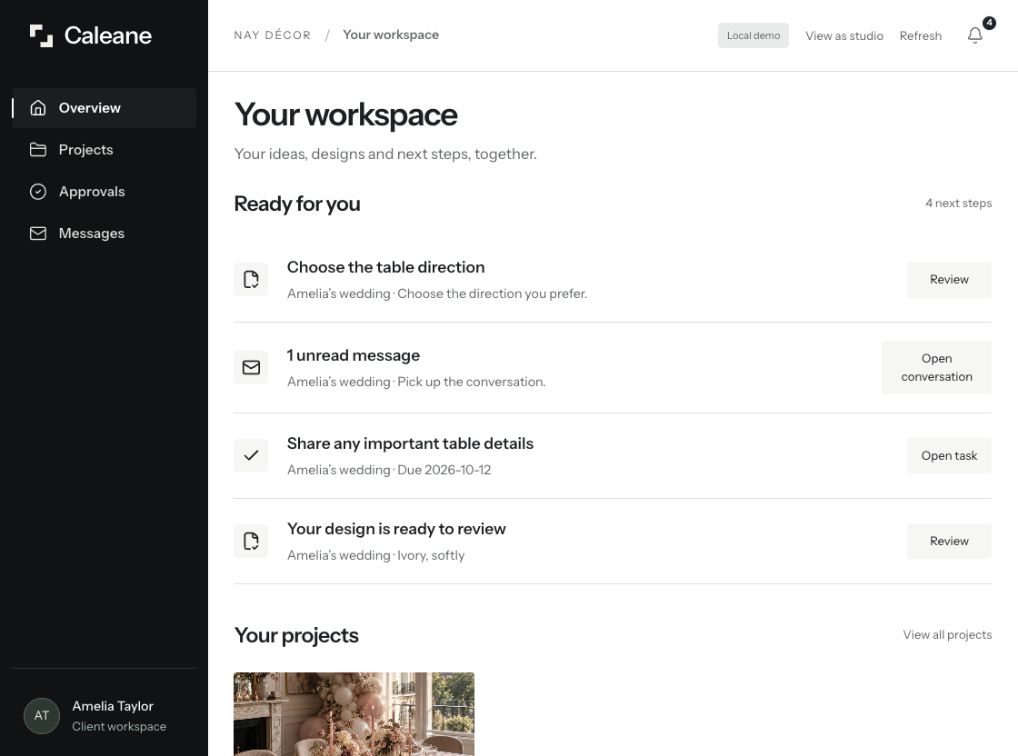 The actual client workspace with a reduced sidebar and ready for you list