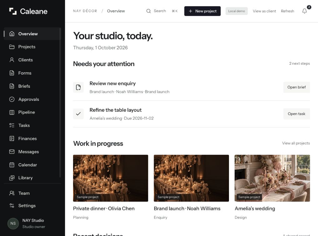 The studio overview in Caleane, showing the attention list and work in progress