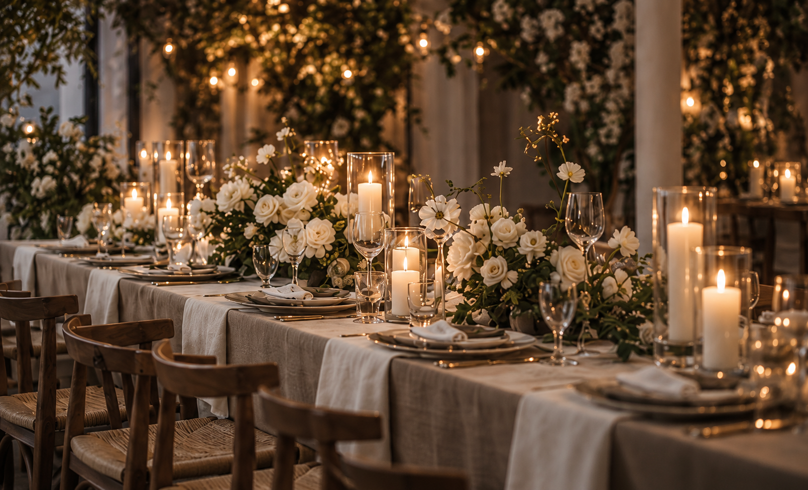 Candlelit reception with low ivory floral centrepieces