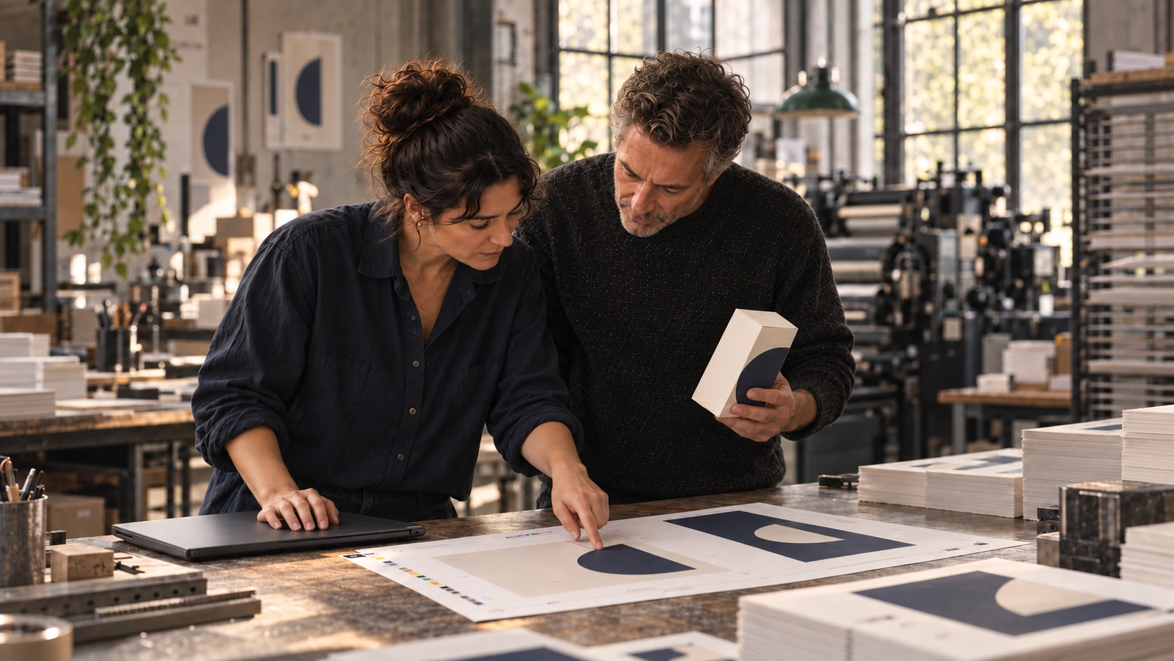 Sofia and Daniel studying the same printed detail at the print workshop