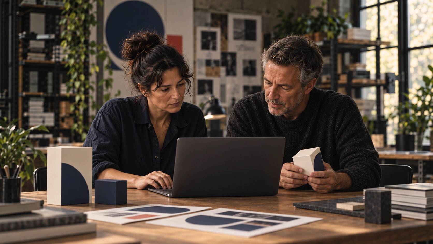 Sofia and Daniel reviewing a packaging direction in the workspace
