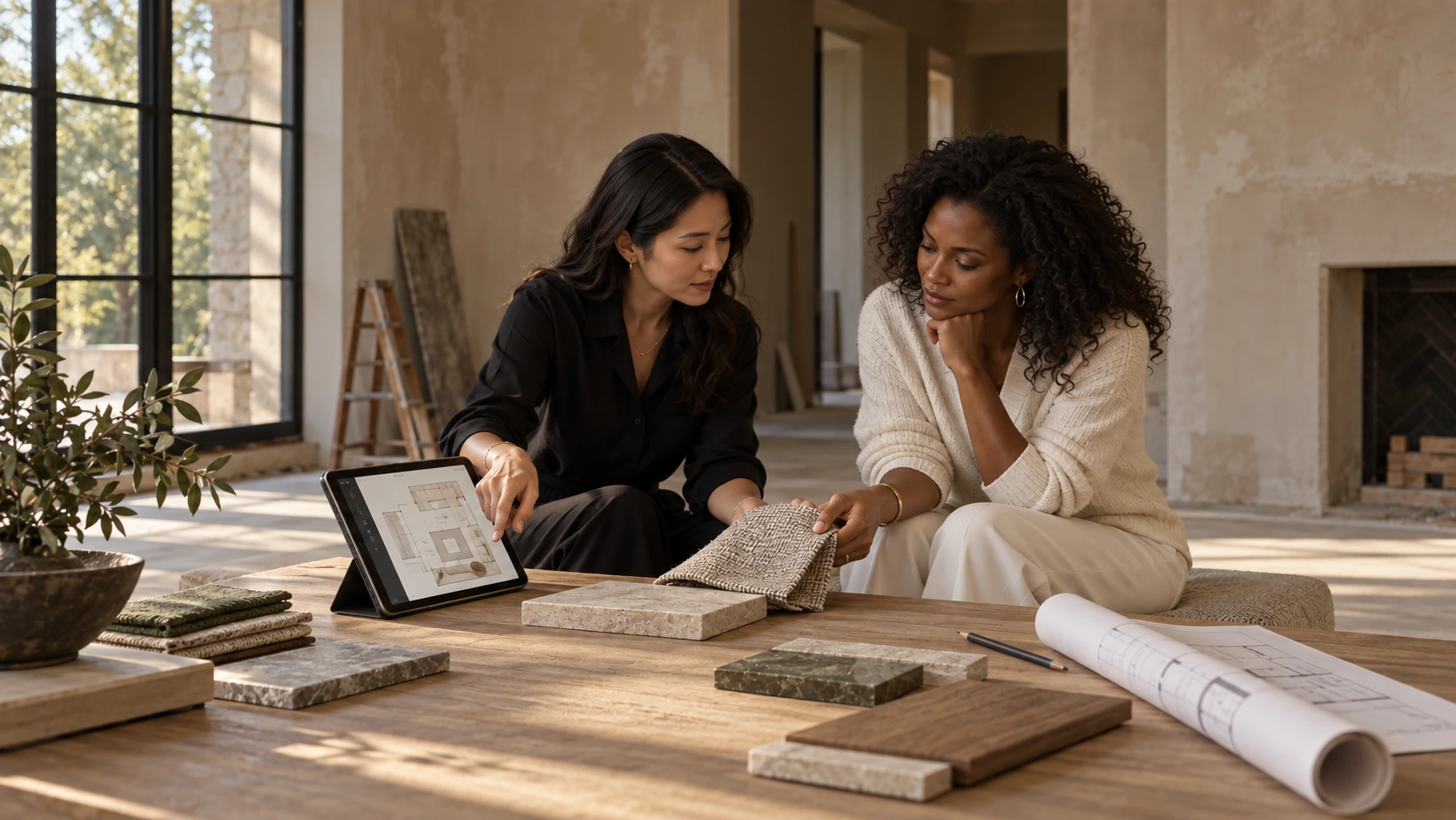 Lena and Maya connecting a room plan with material selections